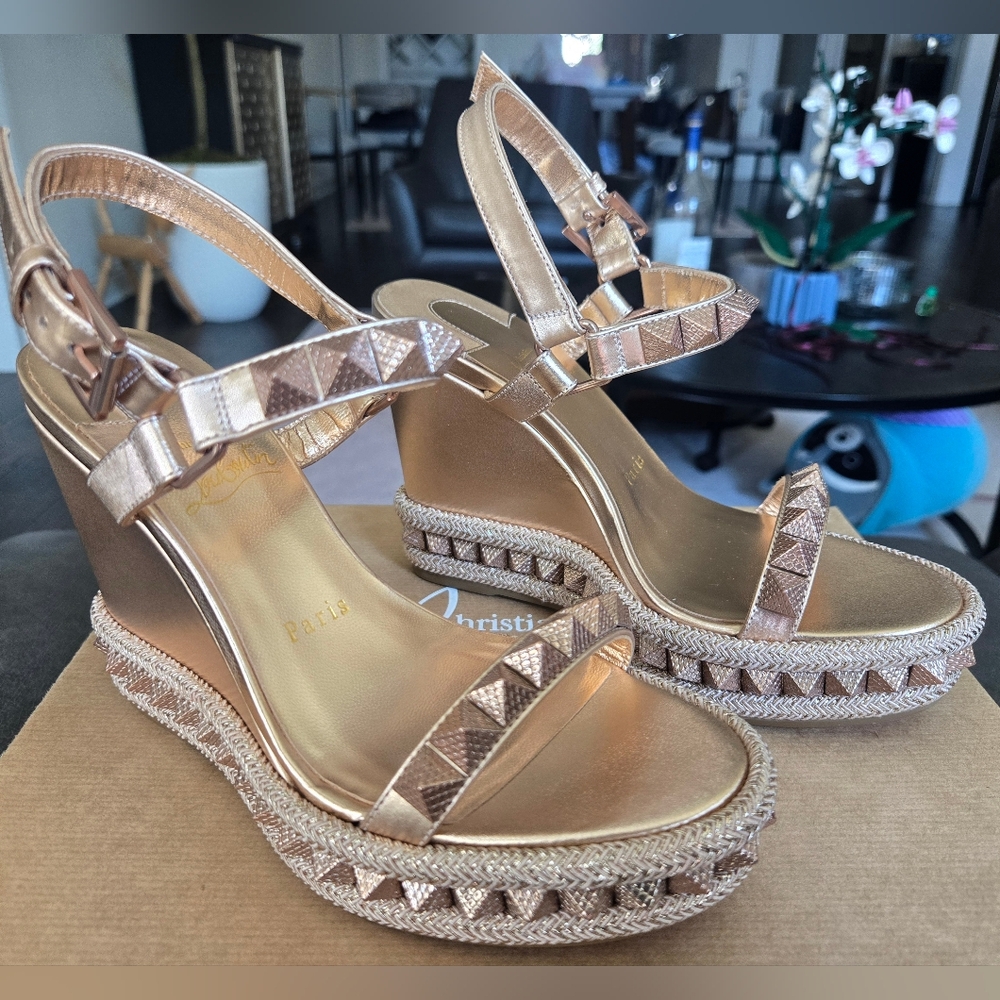 Christian Louboutin Pyraclou Espadrille Wedge Sandals Rose Gold Color